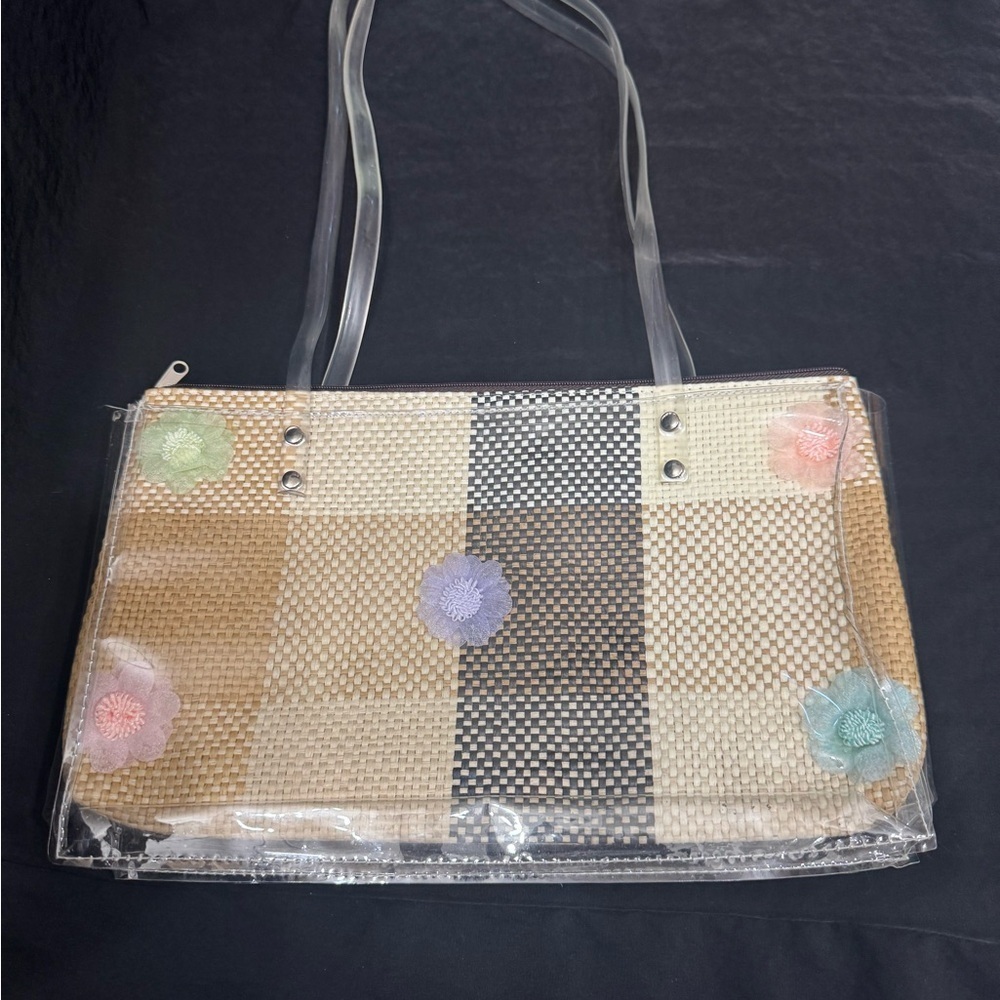 Vintage Woven Straw Checkered Handbag encased in clear plastic
